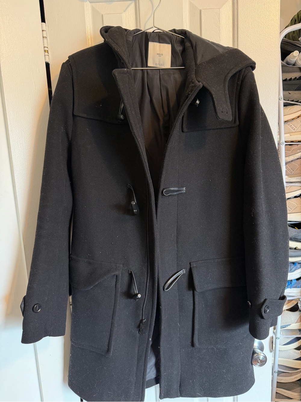 Mango Men's Black Wool Toggle Pea Coat with Hood
